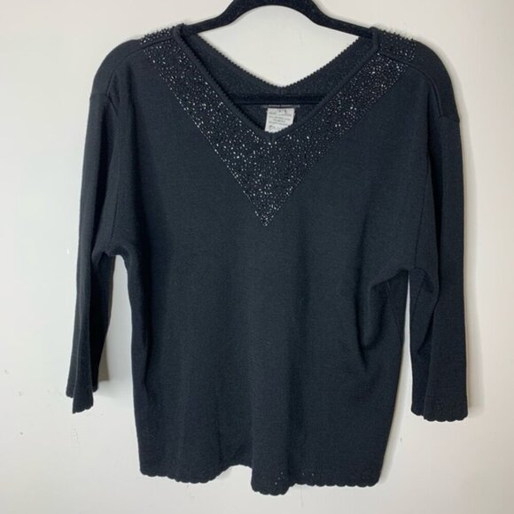 Women’s Sweater Vintage 90s Dolce Bella Wool Sequin Embroidery Black Scalloped - Picture 5 of 11